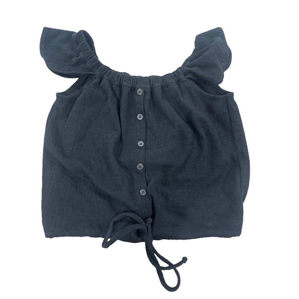 Madewell Texture & Thread Black Off Shoulder Crop Top XXS Flutter Sleeve Button